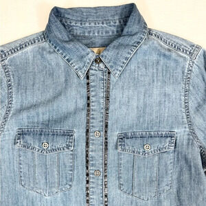 CHICO’S Women's Denim Chambray Beaded‎ Button Down Blouse Western Boho Size 4